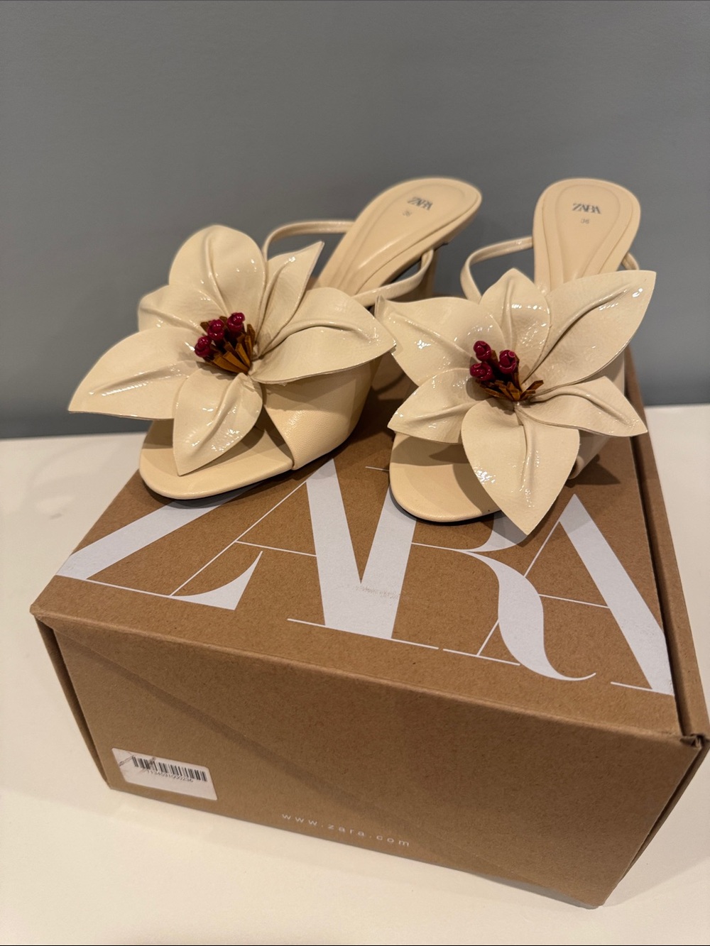 Zara Cream Patent Slide Mules with Floral Appliqués and Red Berry Accents
